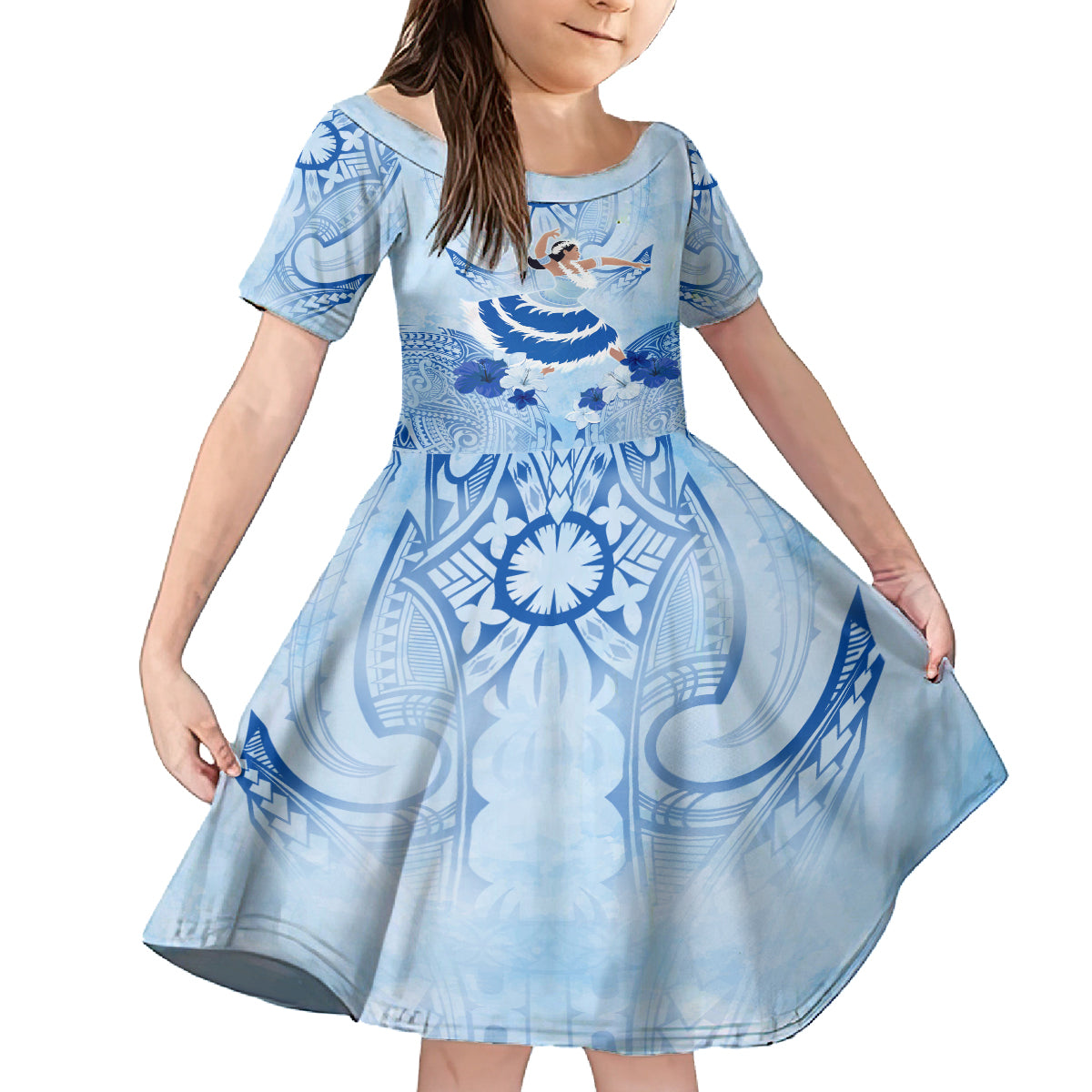 Cook Islands Women's Day Family Matching Off Shoulder Short Dress and Hawaiian Shirt With Polynesian Pattern LT05 Daughter's Dress Blue - Polynesian Pride