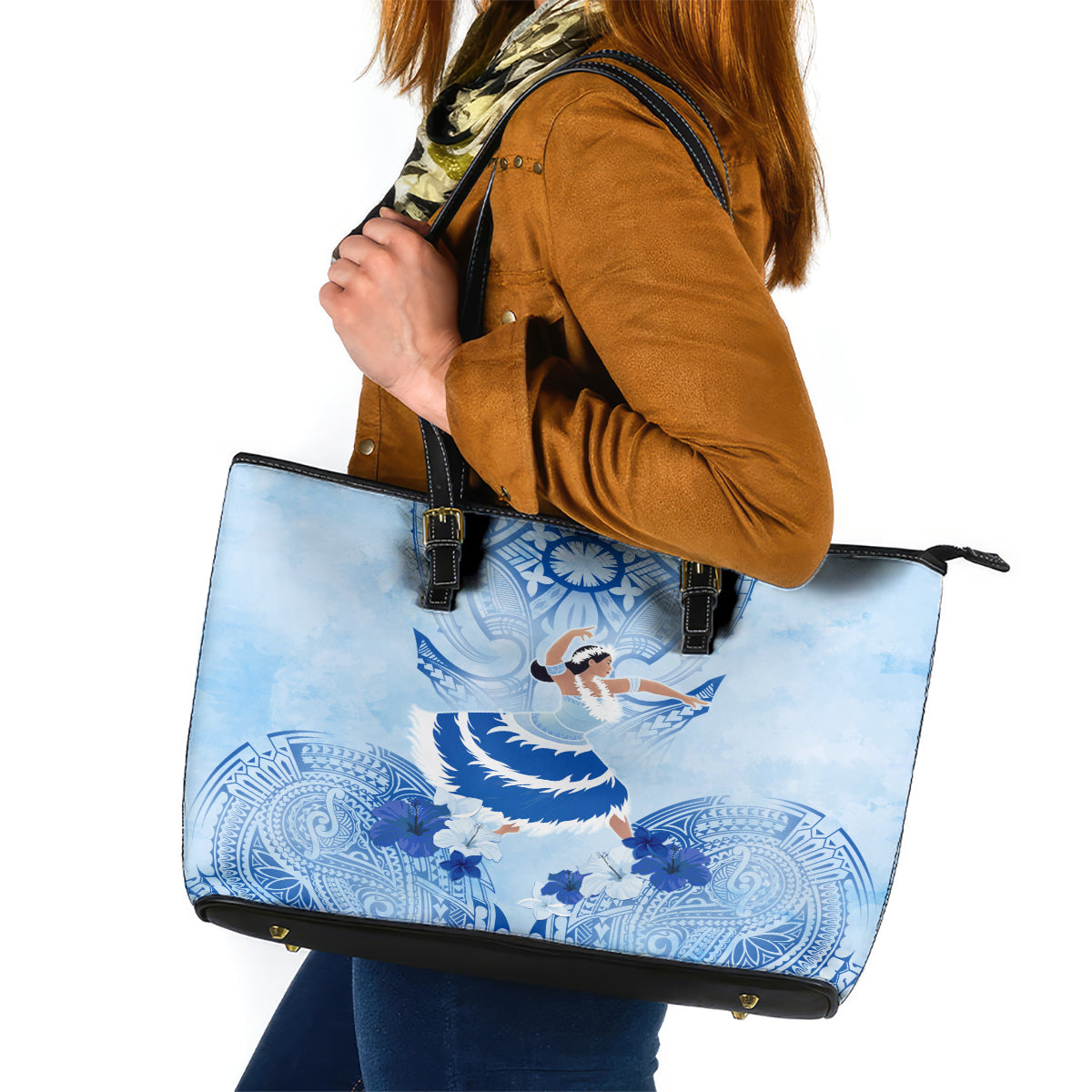 Cook Islands Women's Day Leather Tote Bag With Polynesian Pattern LT05 Blue - Polynesian Pride