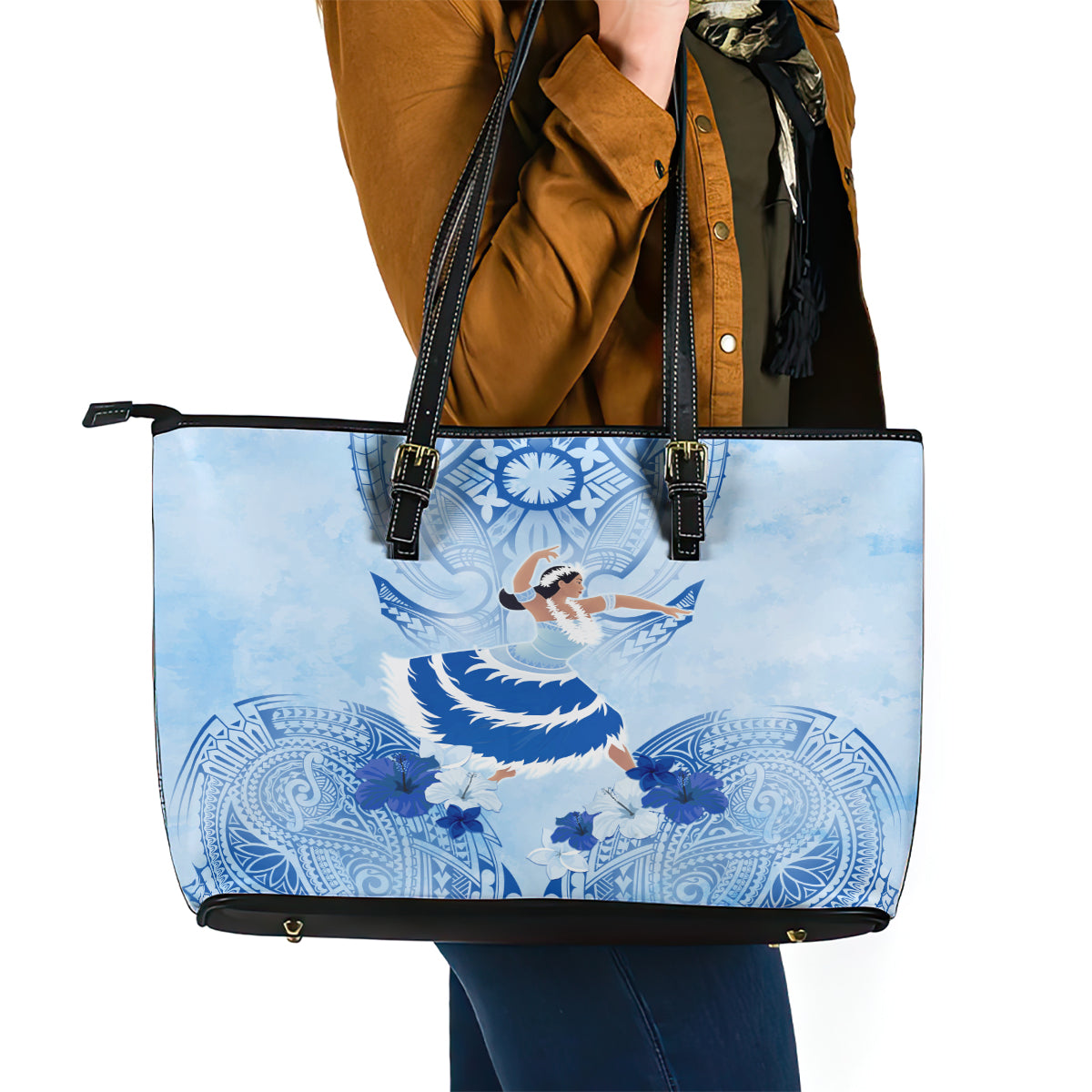 Cook Islands Women's Day Leather Tote Bag With Polynesian Pattern LT05 - Polynesian Pride