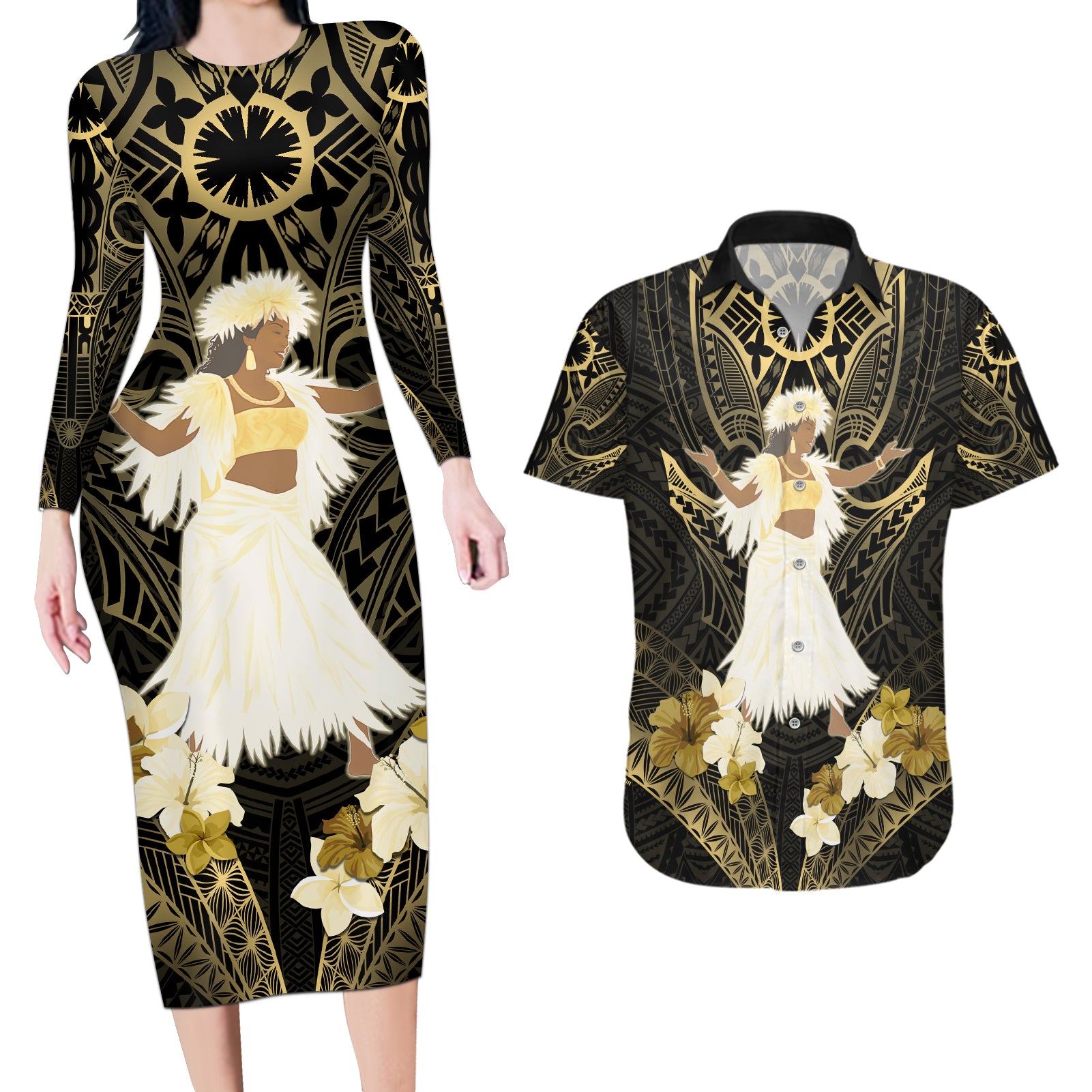 Niue Women's Day Couples Matching Long Sleeve Bodycon Dress and Hawaiian Shirt With Polynesian Pattern LT05 Gold - Polynesian Pride