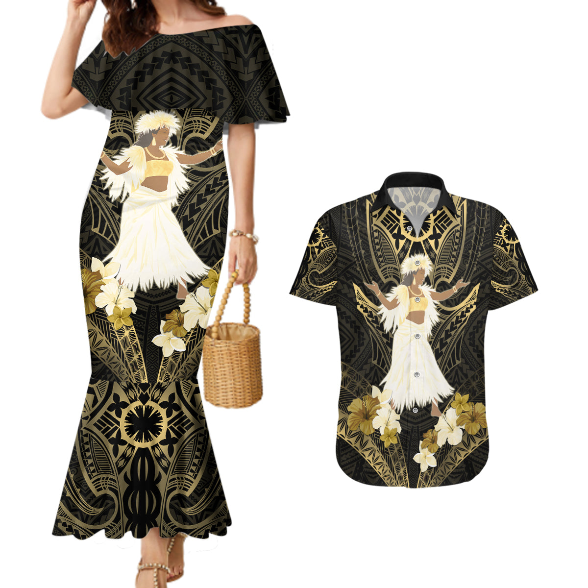 Niue Women's Day Couples Matching Mermaid Dress and Hawaiian Shirt With Polynesian Pattern LT05 Gold - Polynesian Pride