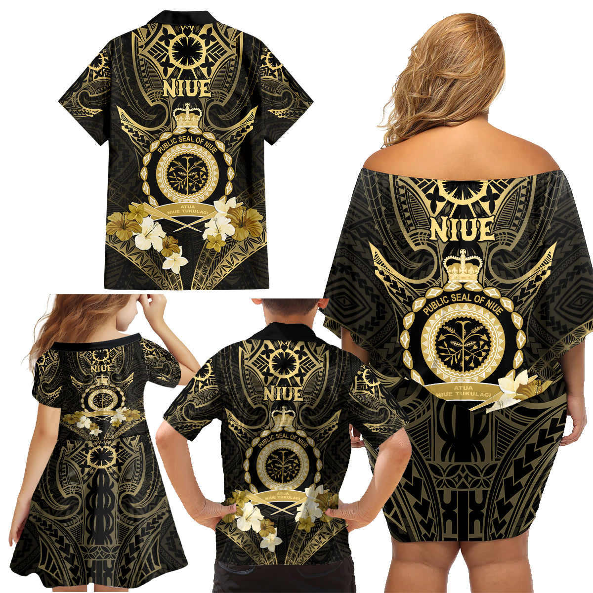 Niue Women's Day Family Matching Off Shoulder Short Dress and Hawaiian Shirt With Polynesian Pattern LT05 - Polynesian Pride