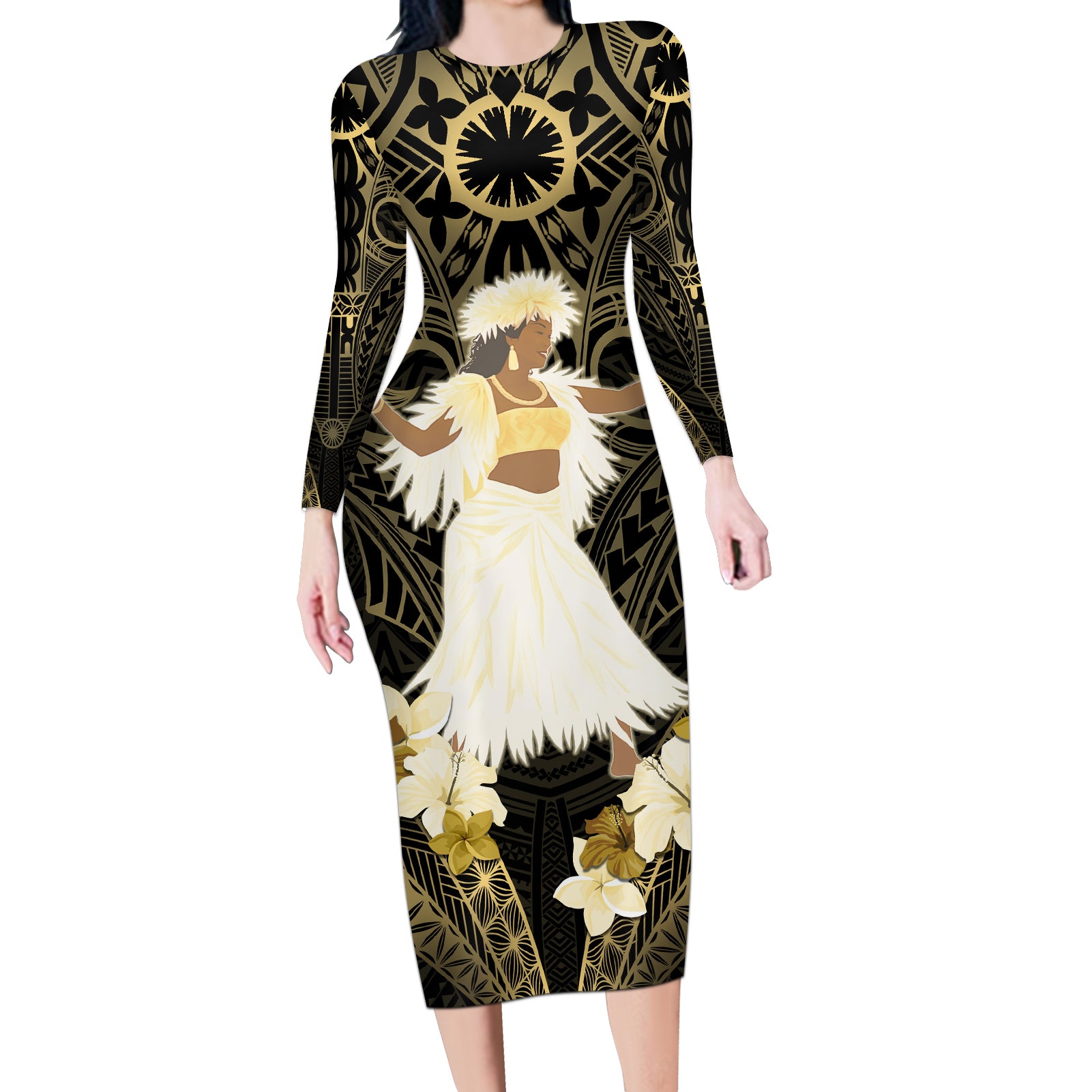 Niue Women's Day Long Sleeve Bodycon Dress With Polynesian Pattern LT05 Long Dress Gold - Polynesian Pride