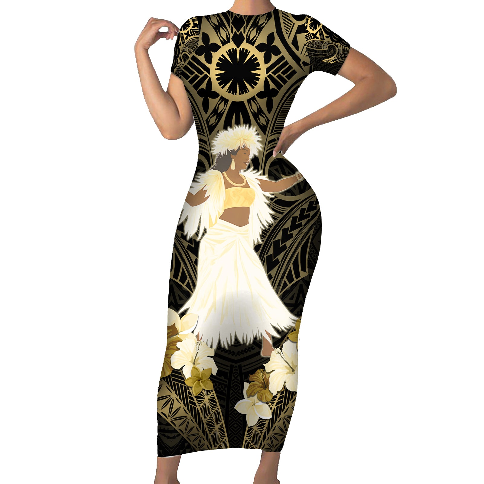 Niue Women's Day Short Sleeve Bodycon Dress With Polynesian Pattern LT05 Long Dress Gold - Polynesian Pride