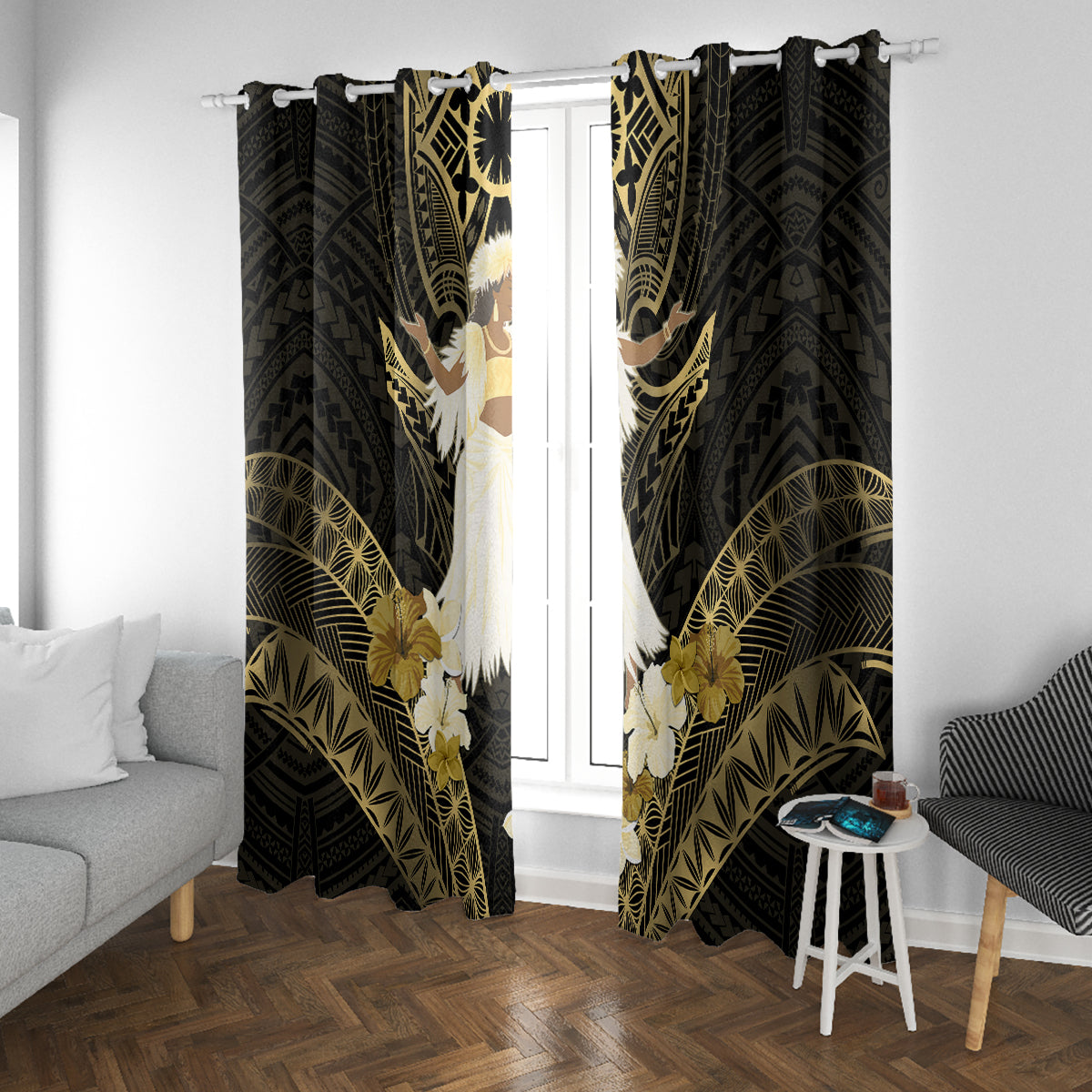 Niue Women's Day Window Curtain With Polynesian Pattern LT05 With Grommets Gold - Polynesian Pride