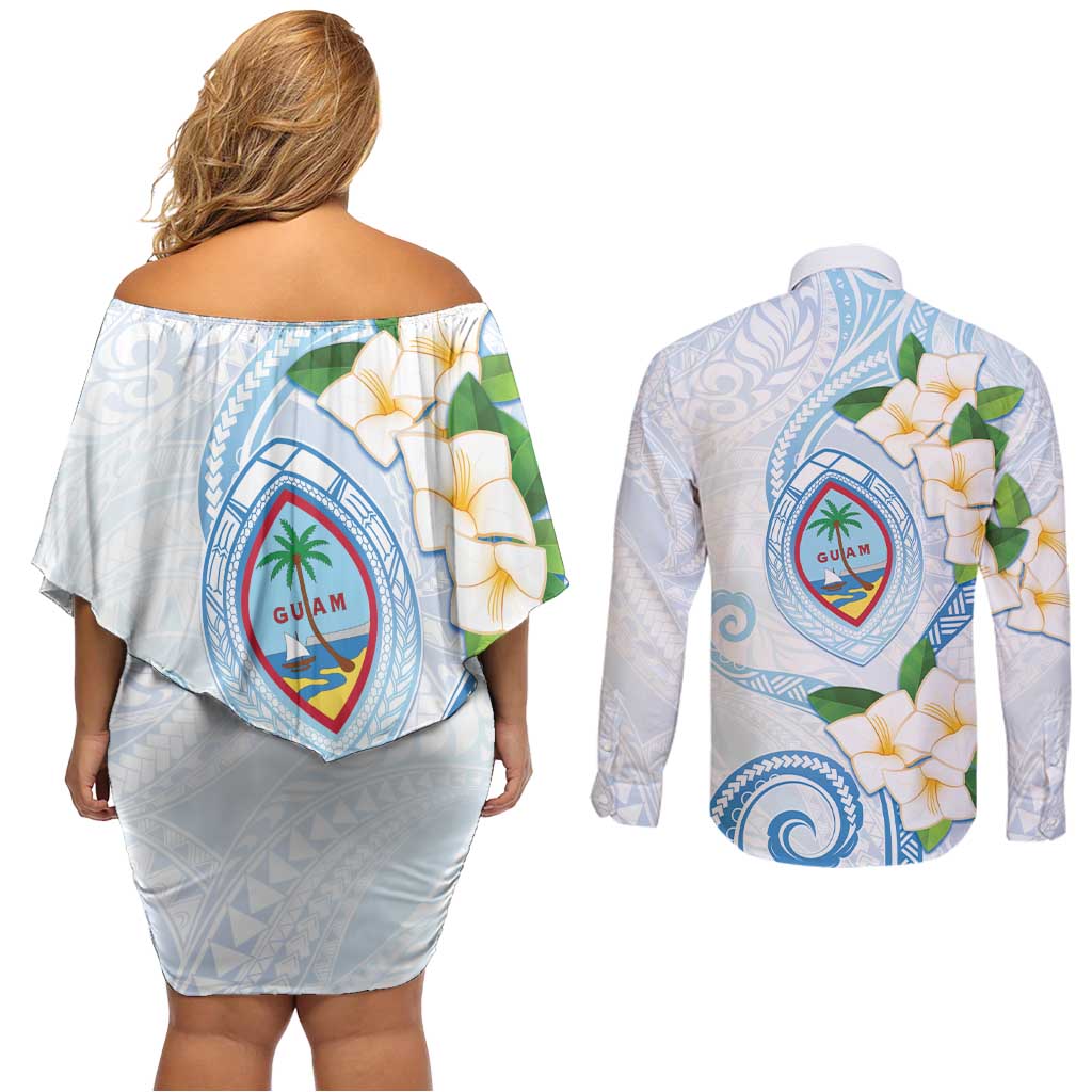Guam Chamorro Couples Matching Off Shoulder Short Dress and Long Sleeve Button Shirt Guasali Flowers Curves Style