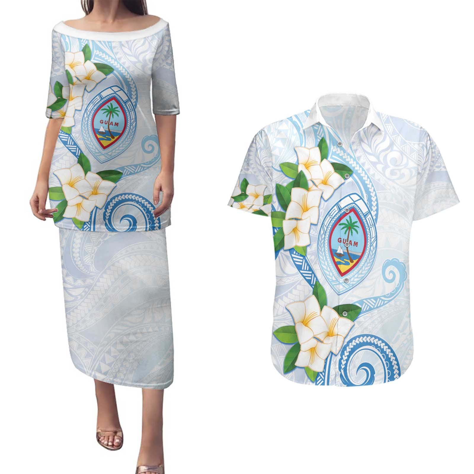 Guam Chamorro Couples Matching Puletasi and Hawaiian Shirt Guasali Flowers Curves Style LT05 Blue - Polynesian Pride