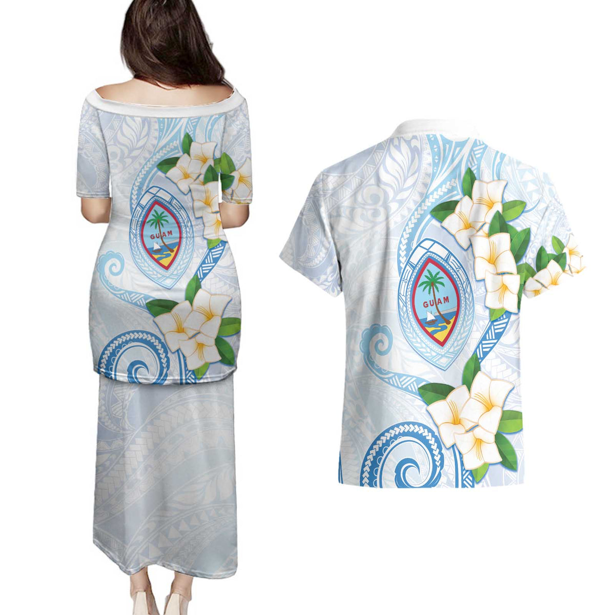 Guam Chamorro Couples Matching Puletasi and Hawaiian Shirt Guasali Flowers Curves Style