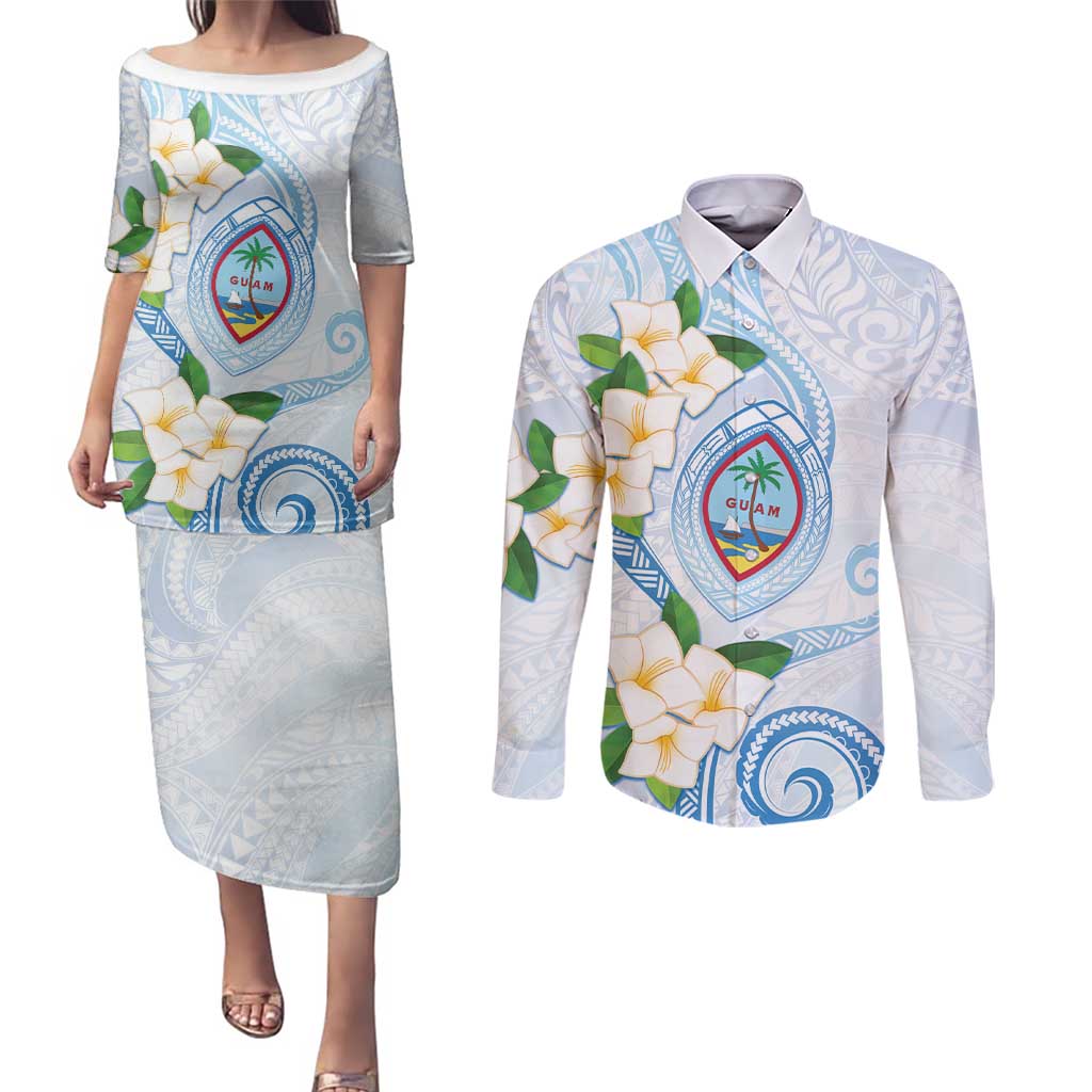 Guam Chamorro Couples Matching Puletasi and Long Sleeve Button Shirt Guasali Flowers Curves Style LT05 Blue - Polynesian Pride