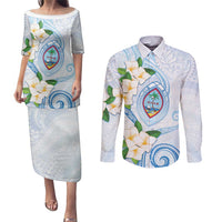 Guam Chamorro Couples Matching Puletasi and Long Sleeve Button Shirt Guasali Flowers Curves Style LT05 Blue - Polynesian Pride