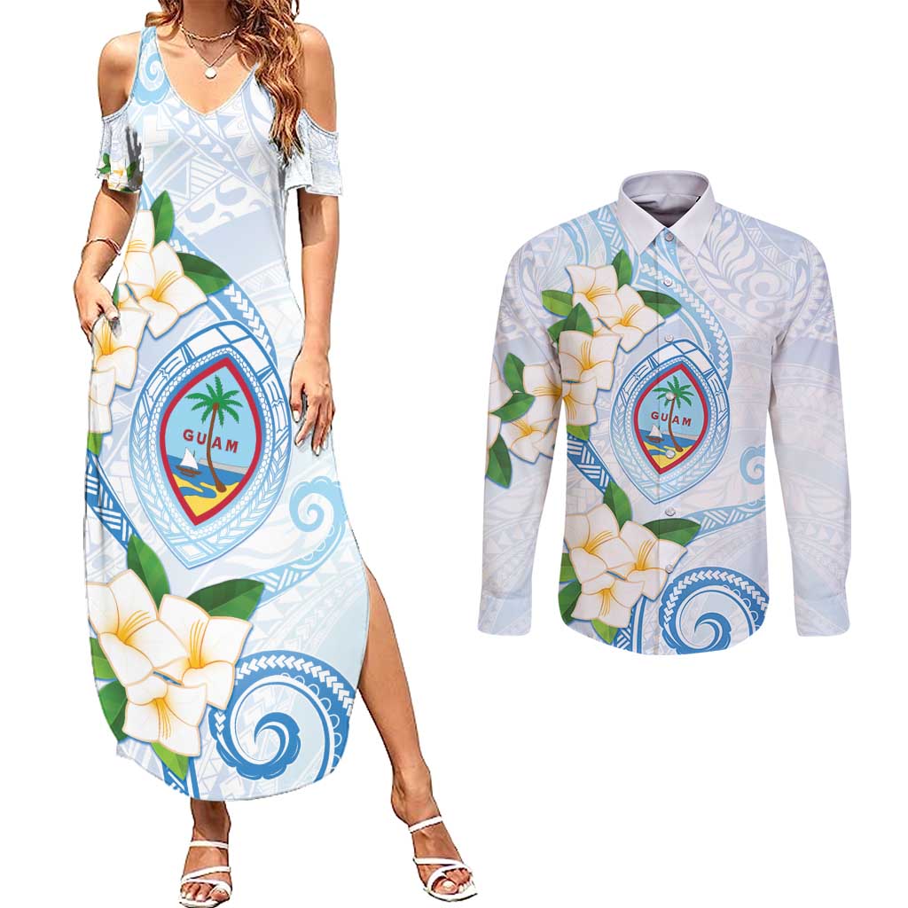 Guam Chamorro Couples Matching Summer Maxi Dress and Long Sleeve Button Shirt Guasali Flowers Curves Style LT05 Blue - Polynesian Pride
