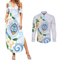 Guam Chamorro Couples Matching Summer Maxi Dress and Long Sleeve Button Shirt Guasali Flowers Curves Style LT05 Blue - Polynesian Pride