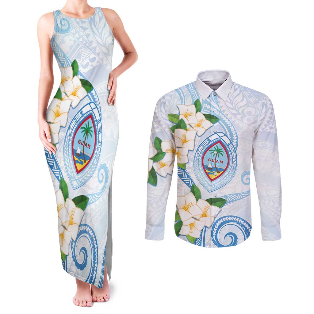 Guam Chamorro Couples Matching Tank Maxi Dress and Long Sleeve Button Shirt Guasali Flowers Curves Style LT05 Blue - Polynesian Pride