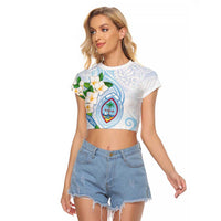 Guam Chamorro Raglan Cropped T Shirt Guasali Flowers Curves Style LT05 Female Blue - Polynesian Pride