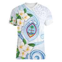 Guam Chamorro Women V-Neck T-Shirt Guasali Flowers Curves Style LT05 Female Blue - Polynesian Pride