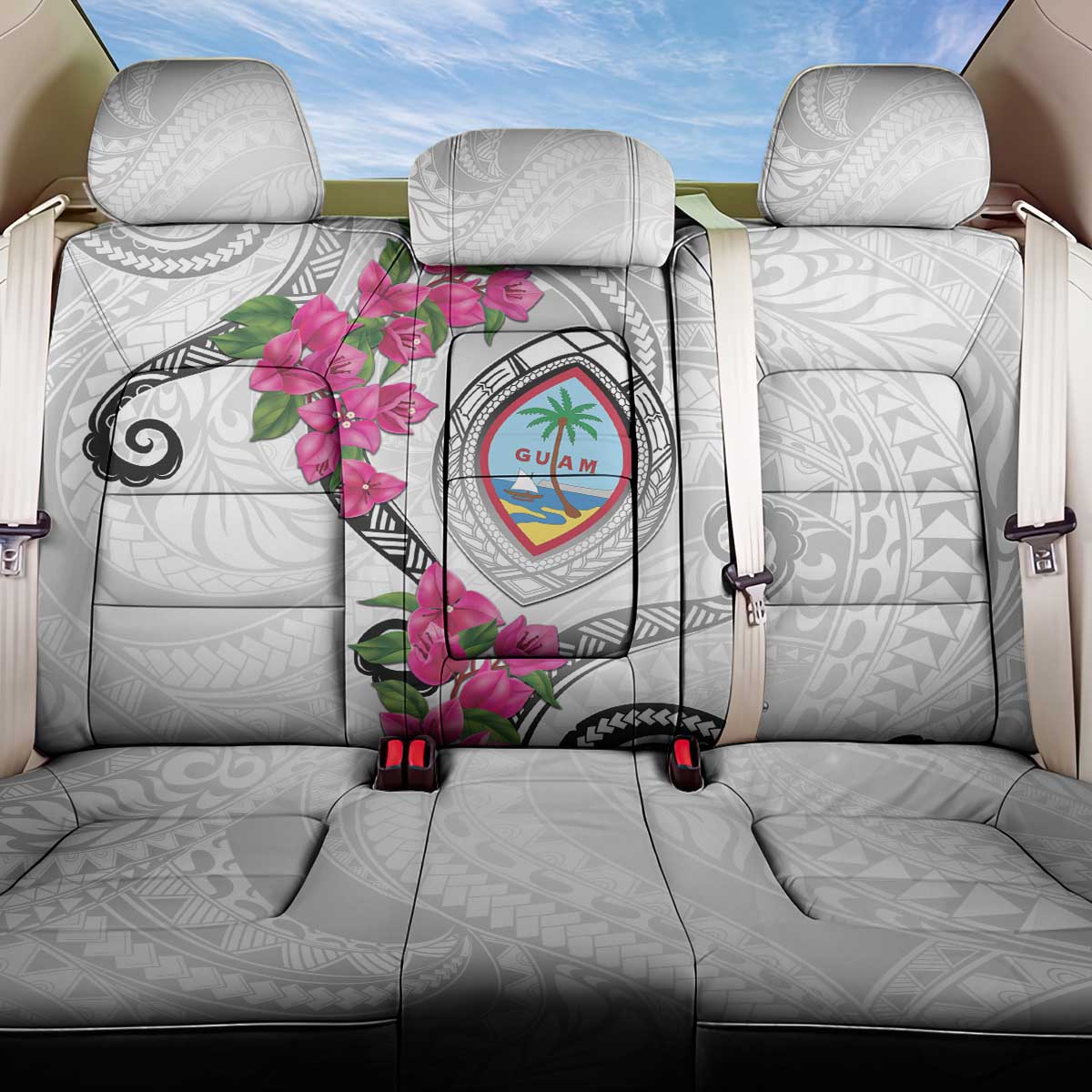 Guam Chamorro Back Car Seat Cover Curves Polynesian Tattoo Mix Bougainvillea