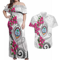 Guam Chamorro Couples Matching Off Shoulder Maxi Dress and Hawaiian Shirt Curves Polynesian Tattoo Mix Bougainvillea