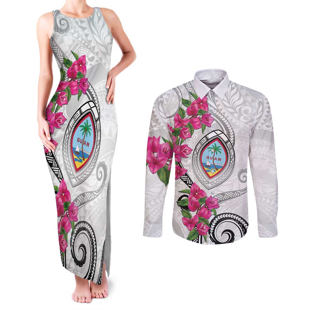 Guam Chamorro Couples Matching Tank Maxi Dress and Long Sleeve Button Shirt Curves Polynesian Tattoo Mix Bougainvillea