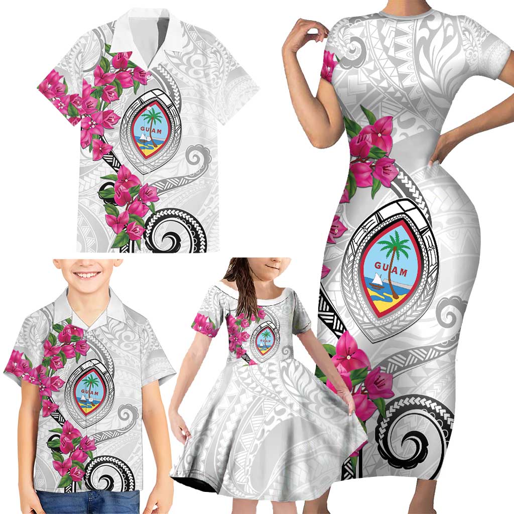 Guam Chamorro Family Matching Short Sleeve Bodycon Dress and Hawaiian Shirt Curves Polynesian Tattoo Mix Bougainvillea