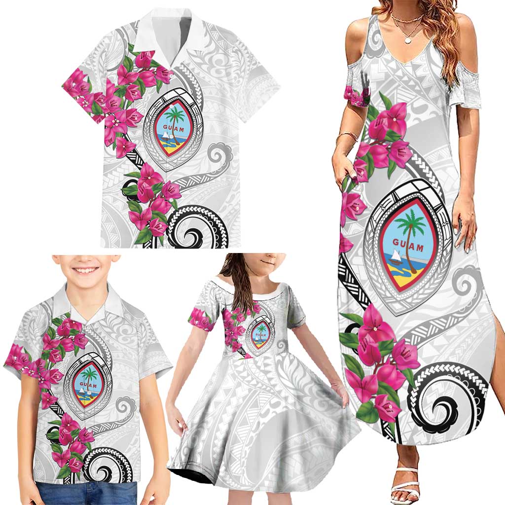 Guam Chamorro Family Matching Summer Maxi Dress and Hawaiian Shirt Curves Polynesian Tattoo Mix Bougainvillea