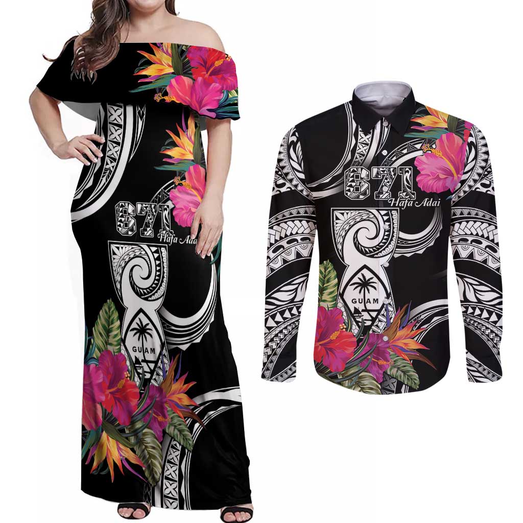 Hafa Adai Guam Couples Matching Off Shoulder Maxi Dress and Long Sleeve Button Shirt Polynesian Tattoo Tropical Flowers