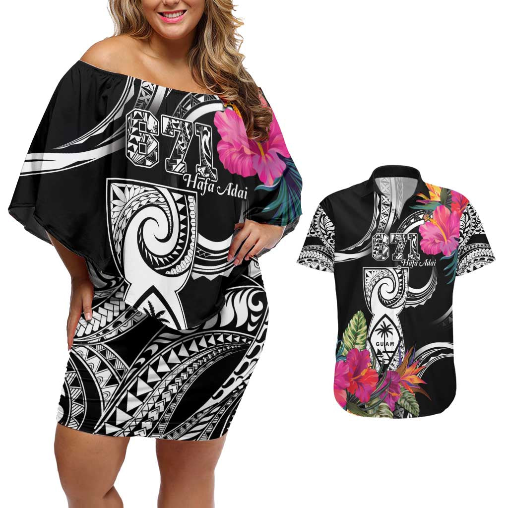 Hafa Adai Guam Couples Matching Off Shoulder Short Dress and Hawaiian Shirt Polynesian Tattoo Tropical Flowers