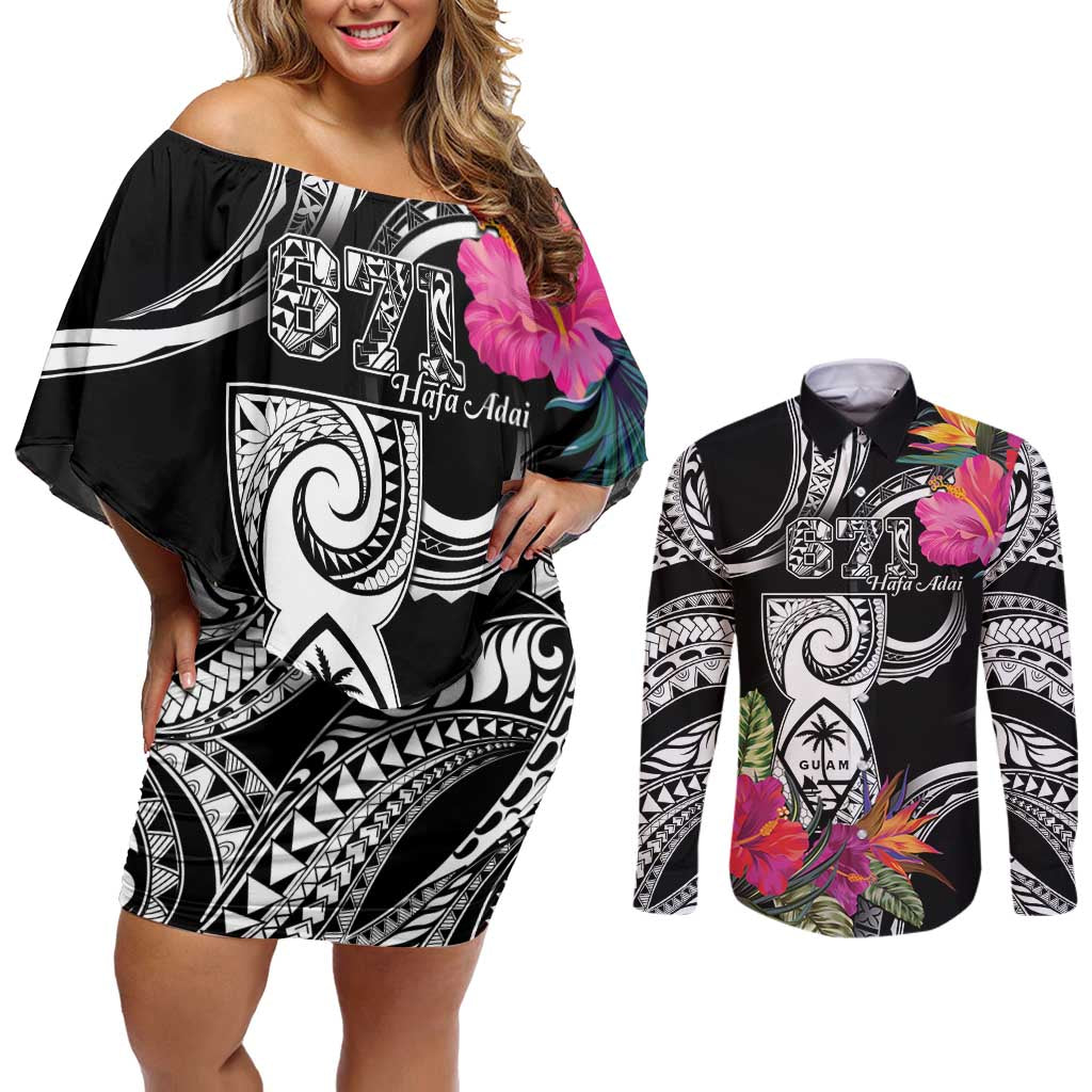 Hafa Adai Guam Couples Matching Off Shoulder Short Dress and Long Sleeve Button Shirt Polynesian Tattoo Tropical Flowers