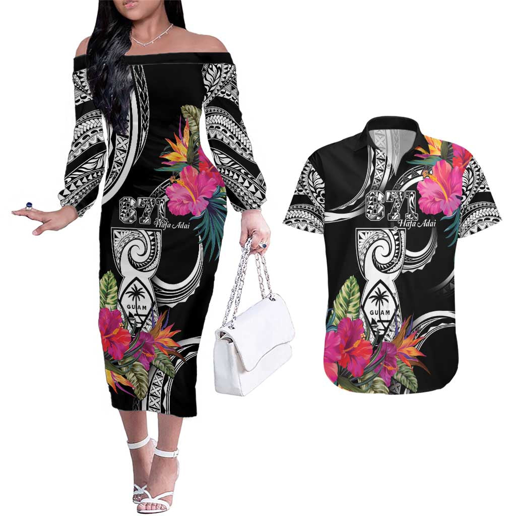 Hafa Adai Guam Couples Matching Off The Shoulder Long Sleeve Dress and Hawaiian Shirt Polynesian Tattoo Tropical Flowers