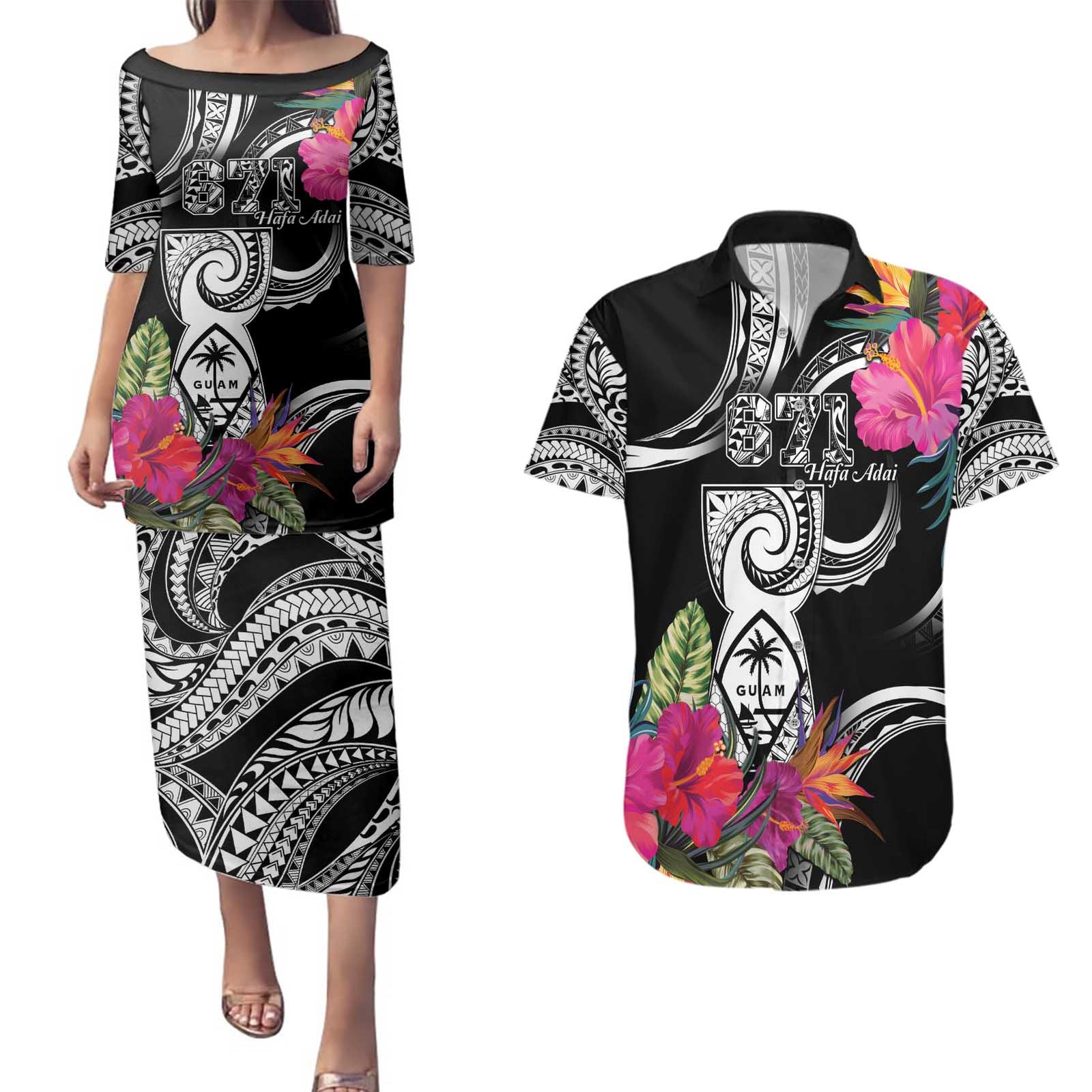 Hafa Adai Guam Couples Matching Puletasi and Hawaiian Shirt Polynesian Tattoo Tropical Flowers