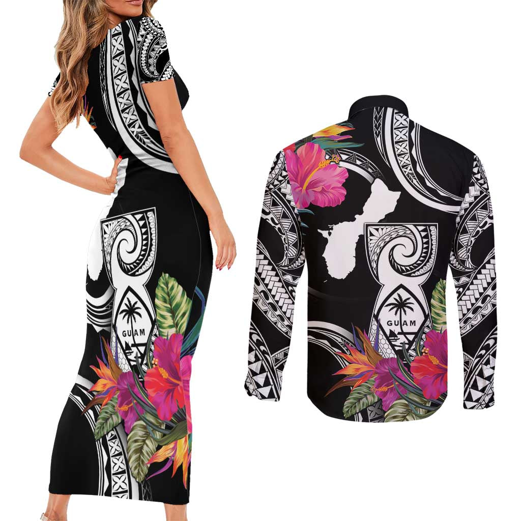 Hafa Adai Guam Couples Matching Short Sleeve Bodycon Dress and Long Sleeve Button Shirt Polynesian Tattoo Tropical Flowers