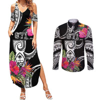 Hafa Adai Guam Couples Matching Summer Maxi Dress and Long Sleeve Button Shirt Polynesian Tattoo Tropical Flowers