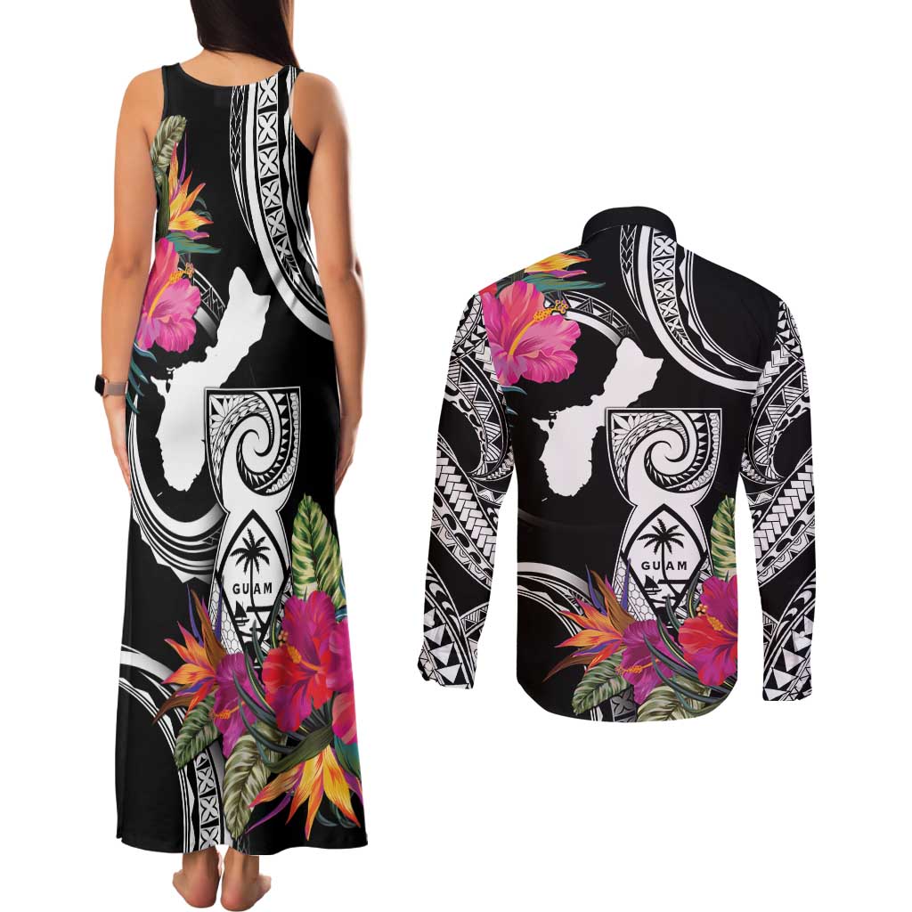 Hafa Adai Guam Couples Matching Tank Maxi Dress and Long Sleeve Button Shirt Polynesian Tattoo Tropical Flowers