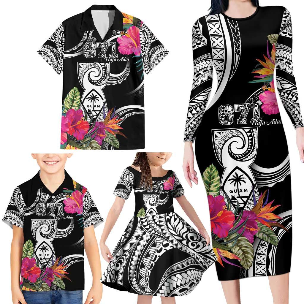 Hafa Adai Guam Family Matching Long Sleeve Bodycon Dress and Hawaiian Shirt Polynesian Tattoo Tropical Flowers