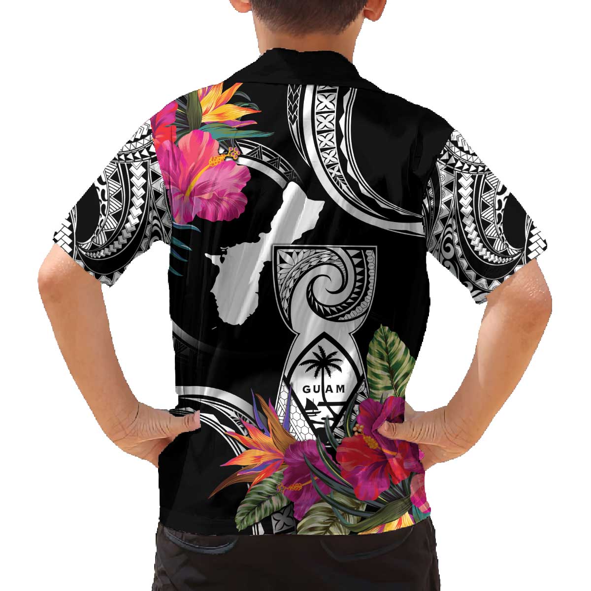 Hafa Adai Guam Family Matching Off The Shoulder Long Sleeve Dress and Hawaiian Shirt Polynesian Tattoo Tropical Flowers