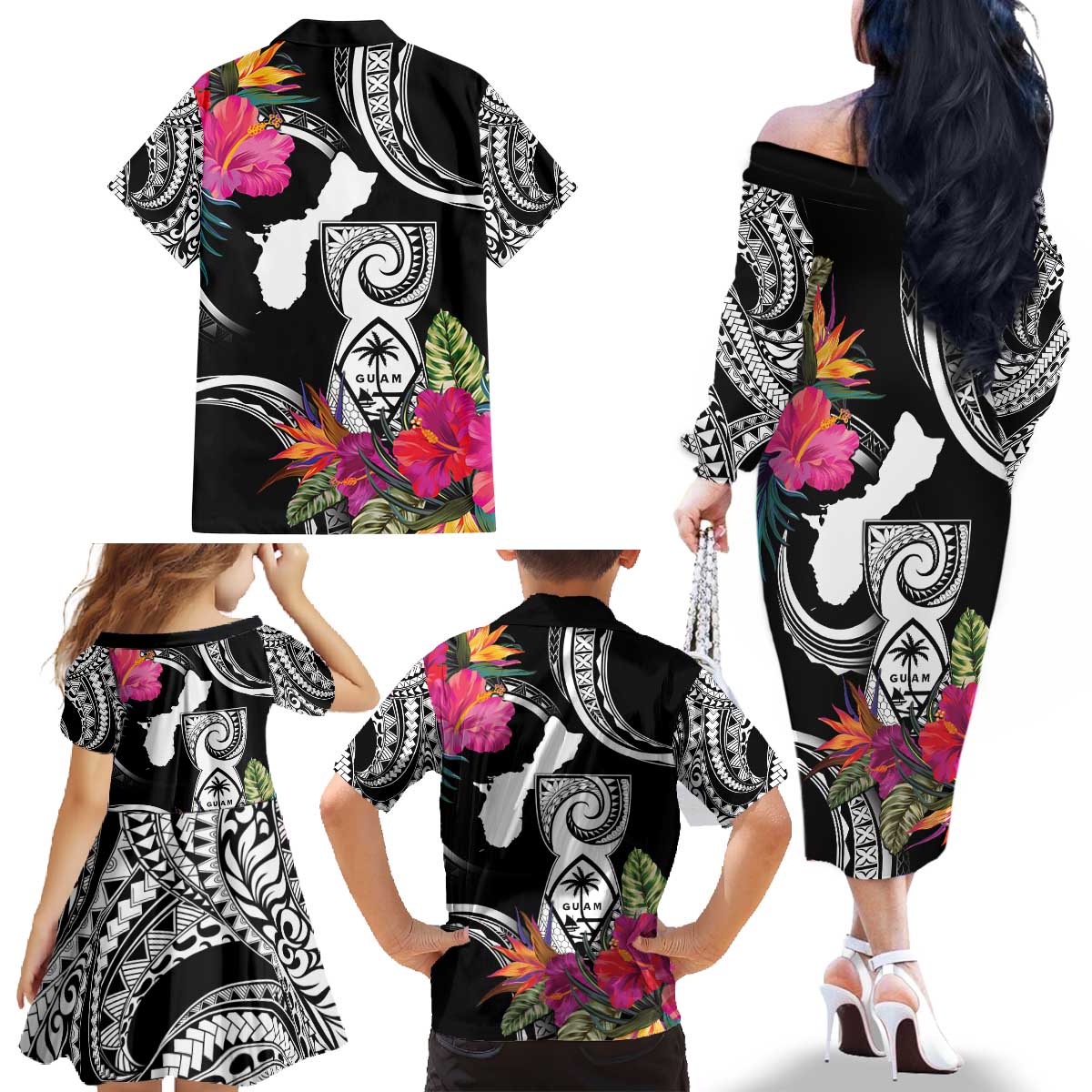 Hafa Adai Guam Family Matching Off The Shoulder Long Sleeve Dress and Hawaiian Shirt Polynesian Tattoo Tropical Flowers