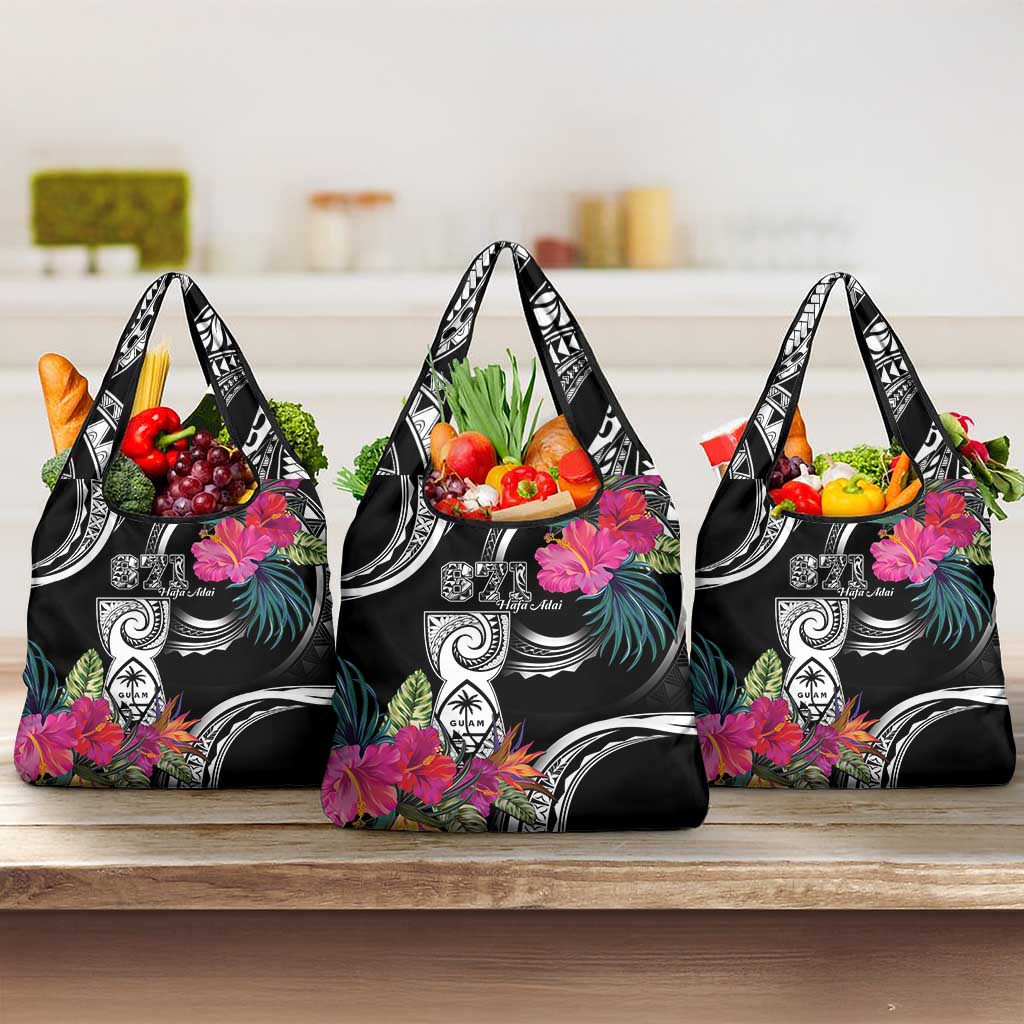 Hafa Adai Guam Grocery Bag Polynesian Tattoo Tropical Flowers