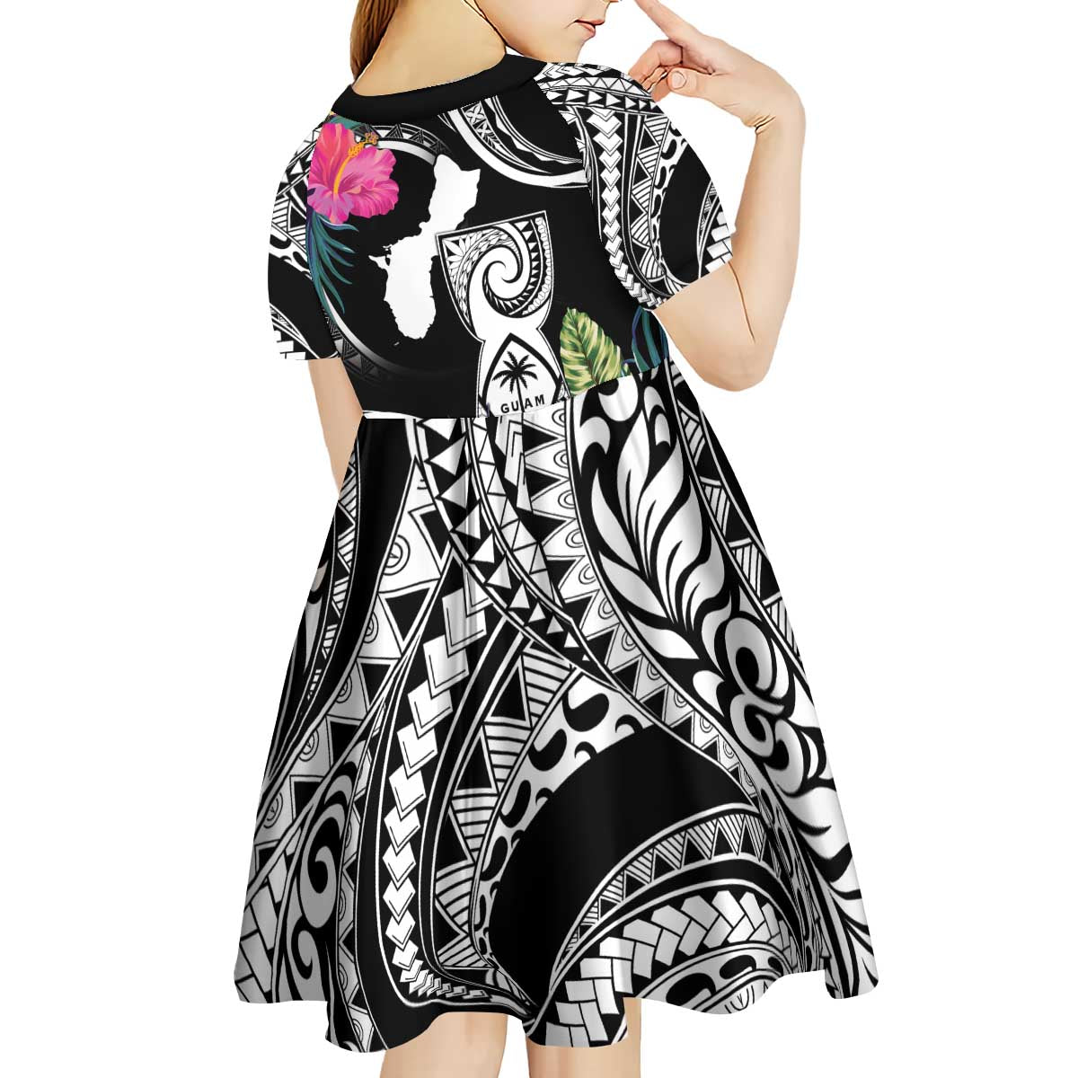 Hafa Adai Guam Kid Short Sleeve Dress Polynesian Tattoo Tropical Flowers