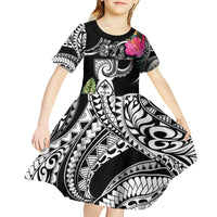 Hafa Adai Guam Kid Short Sleeve Dress Polynesian Tattoo Tropical Flowers
