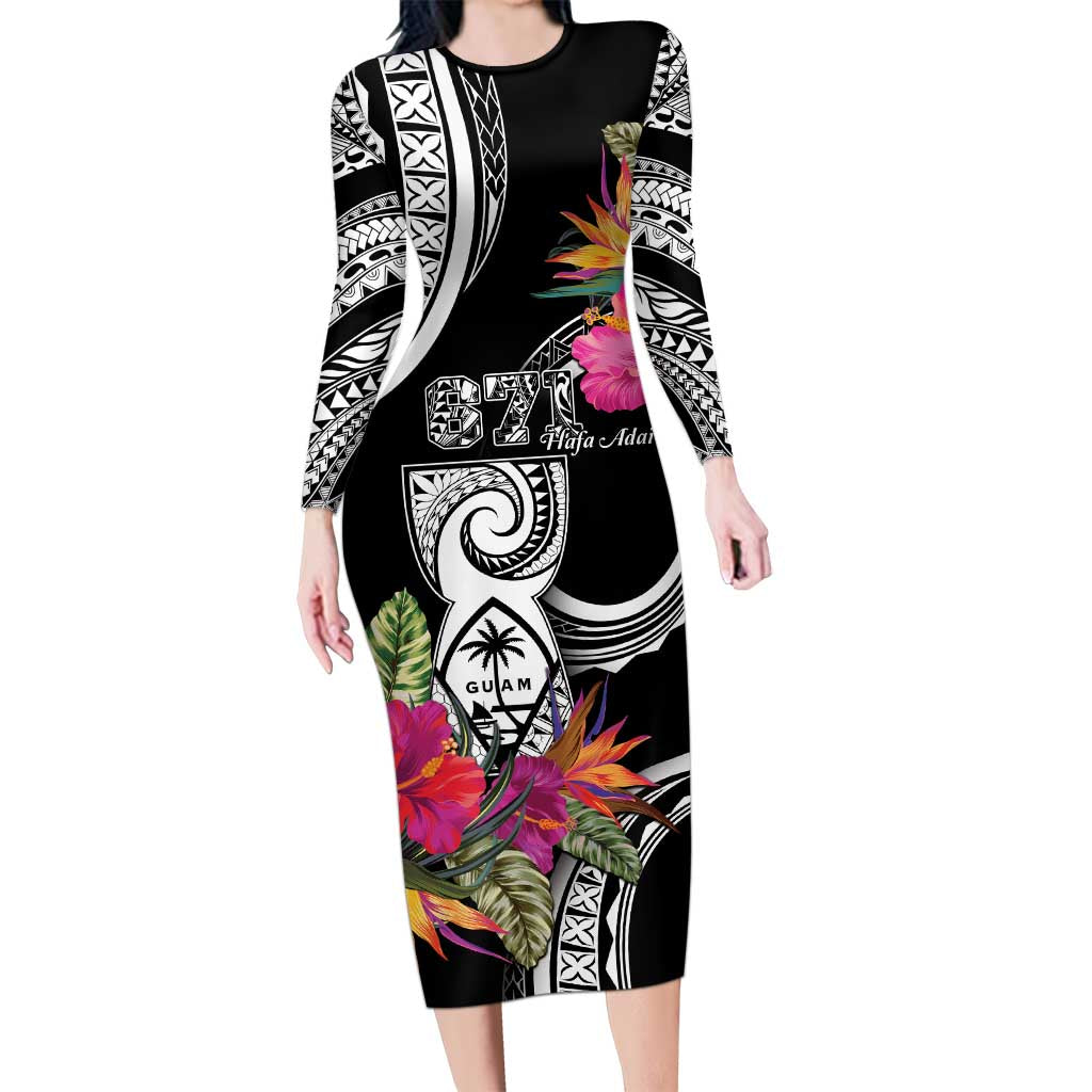 Hafa Adai Guam Long Sleeve Bodycon Dress Polynesian Tattoo Tropical Flowers