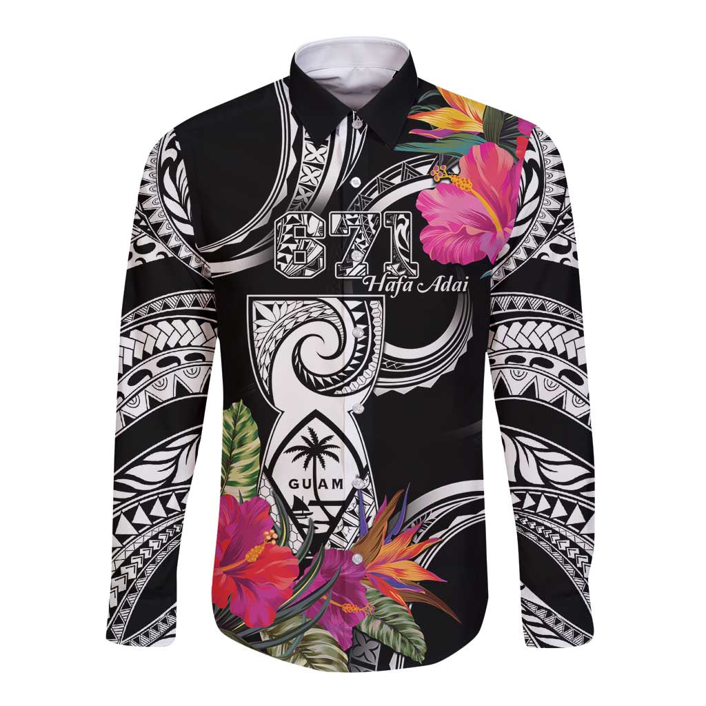 Hafa Adai Guam Long Sleeve Button Shirt Polynesian Tattoo Tropical Flowers