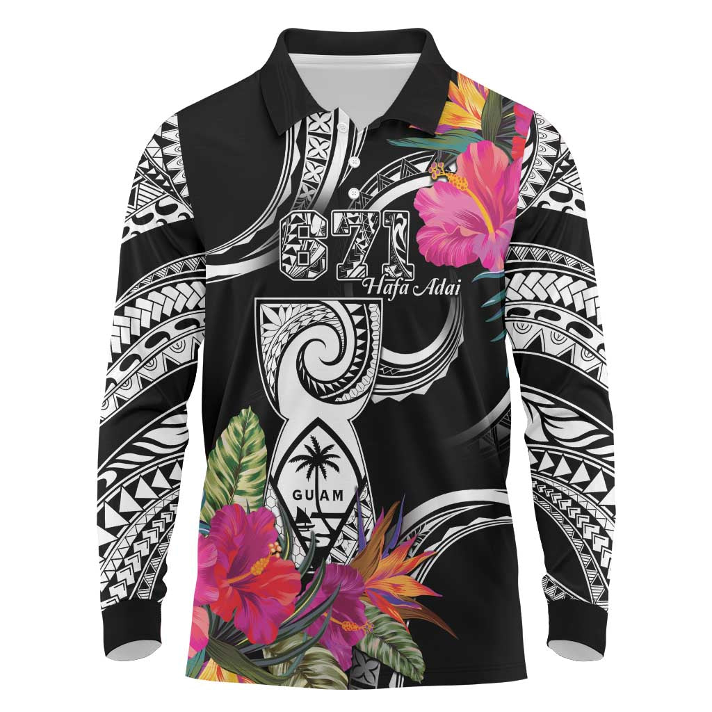 Hafa Adai Guam Long Sleeve Polo Shirt Polynesian Tattoo Tropical Flowers