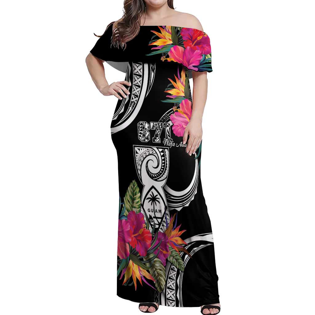 Hafa Adai Guam Off Shoulder Maxi Dress Polynesian Tattoo Tropical Flowers