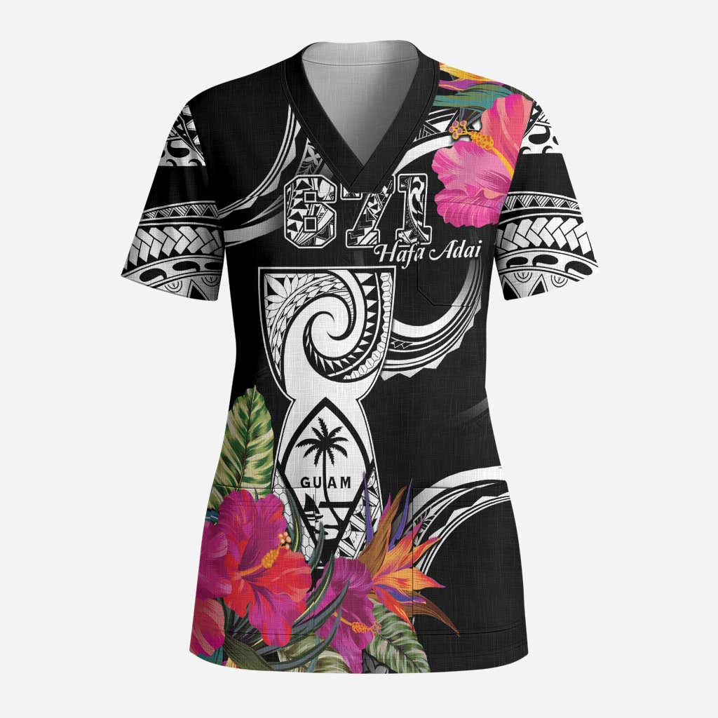 Hafa Adai Guam Scrub Top Polynesian Tattoo Tropical Flowers LT05 Adult Black - Polynesian Pride