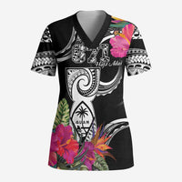 Hafa Adai Guam Scrub Top Polynesian Tattoo Tropical Flowers LT05 Adult Black - Polynesian Pride