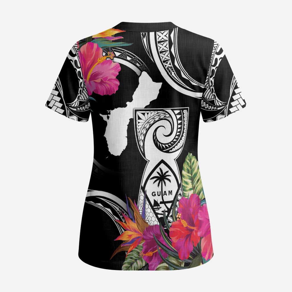 Hafa Adai Guam Scrub Top Polynesian Tattoo Tropical Flowers LT05 - Polynesian Pride