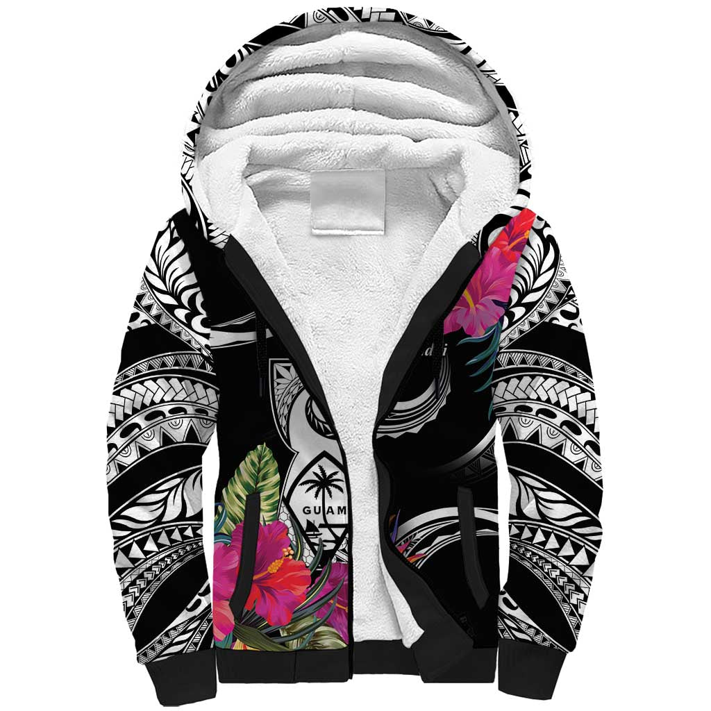 Hafa Adai Guam Sherpa Hoodie Polynesian Tattoo Tropical Flowers
