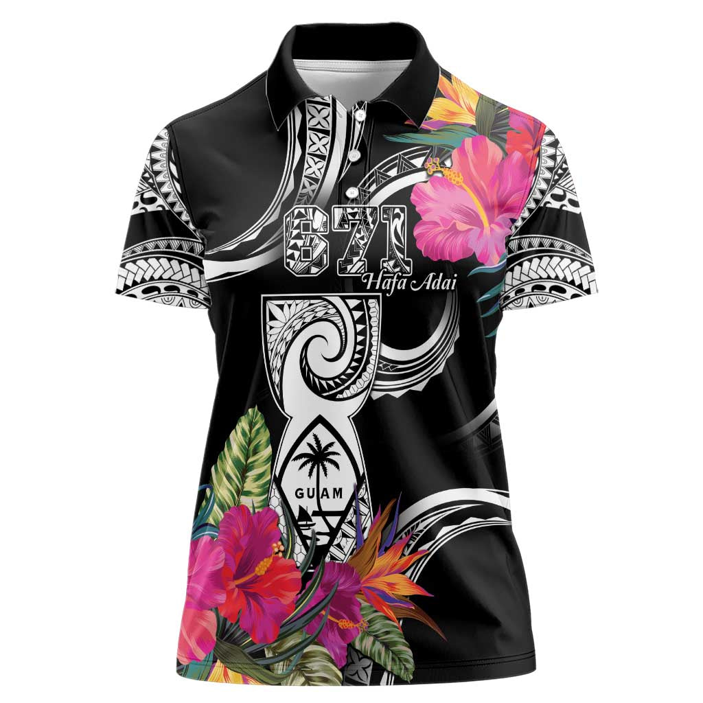 Hafa Adai Guam Women Polo Shirt Polynesian Tattoo Tropical Flowers