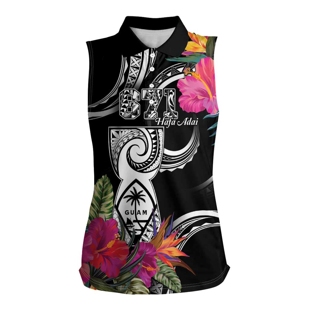 Hafa Adai Guam Women Sleeveless Polo Shirt Polynesian Tattoo Tropical Flowers