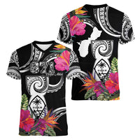 Hafa Adai Guam Women V-Neck T-Shirt Polynesian Tattoo Tropical Flowers