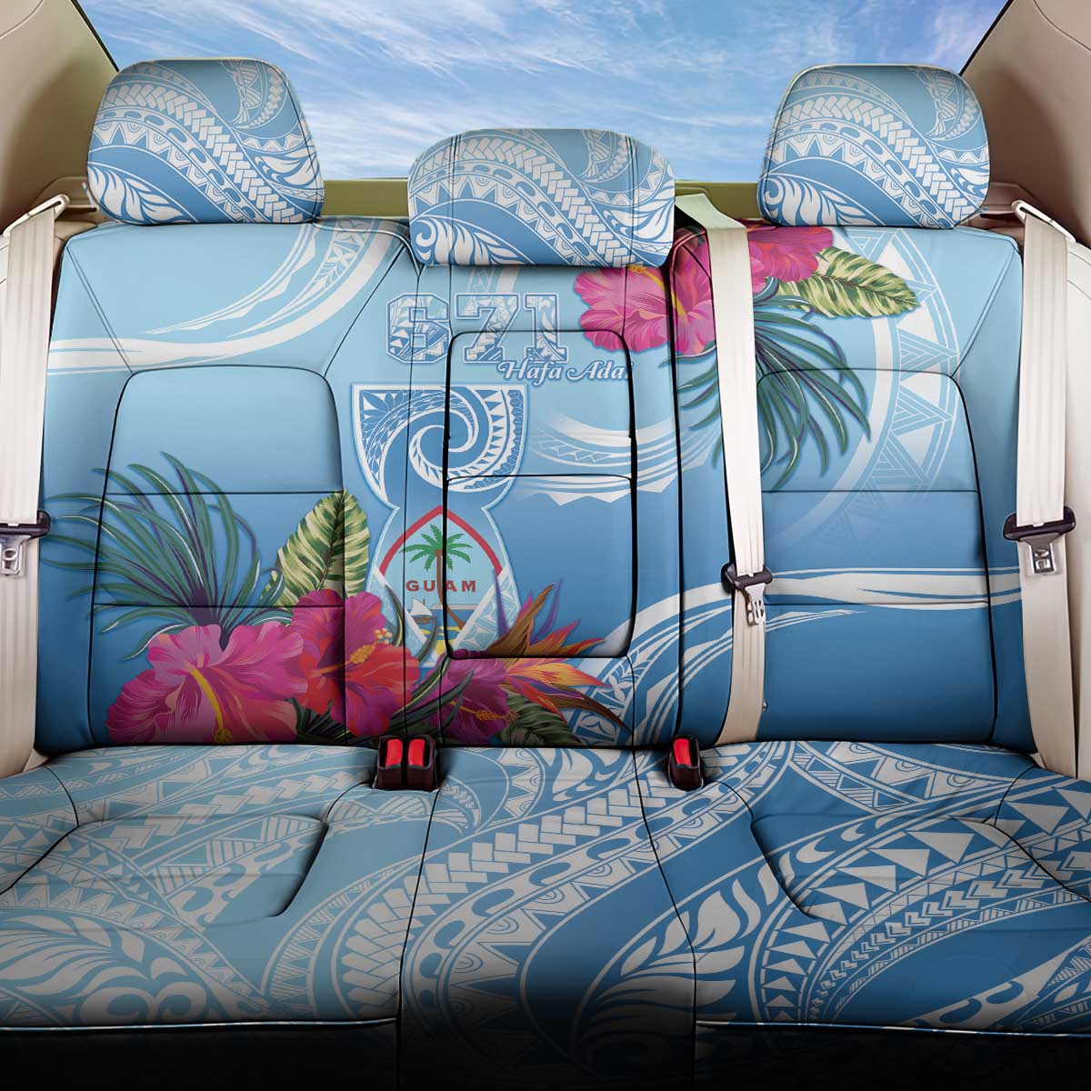 Hafa Adai Guam Back Car Seat Cover Tropical Flowers Blue Gradient